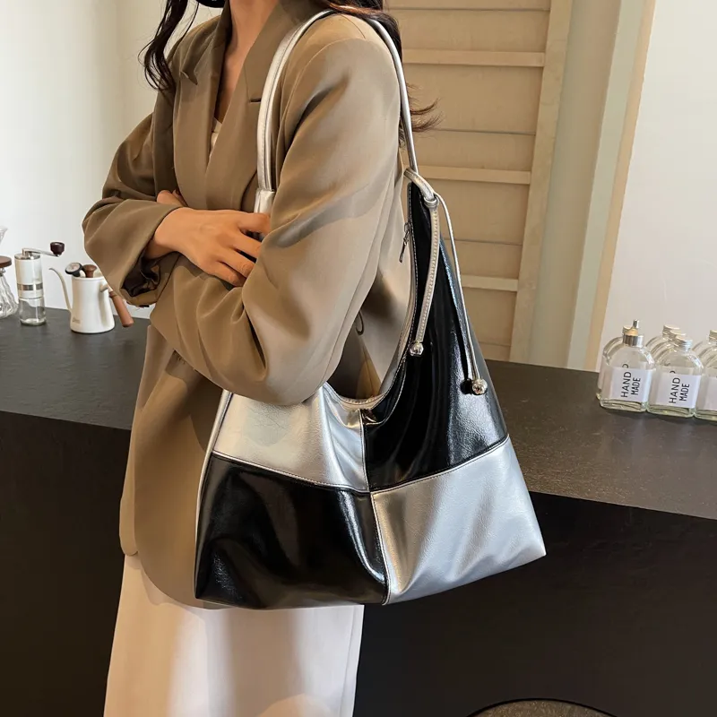 SWIMADE PU Tote Handbag, Shoulder Bag Women's Silver/Black-3