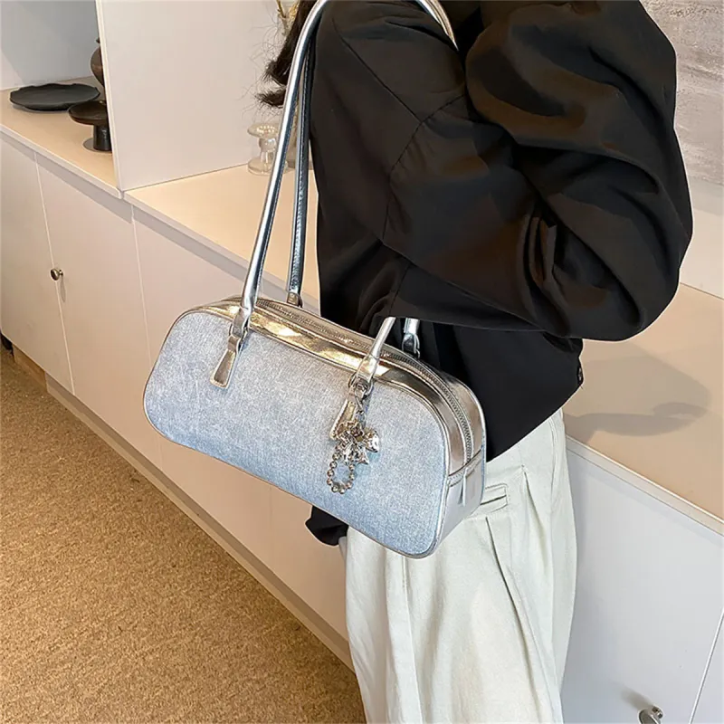 Duoluplo Doron Paul PU Baguette Bag Handbag, Shoulder Bag Women's Denim Brown/Denim Silver/Denim Black-11