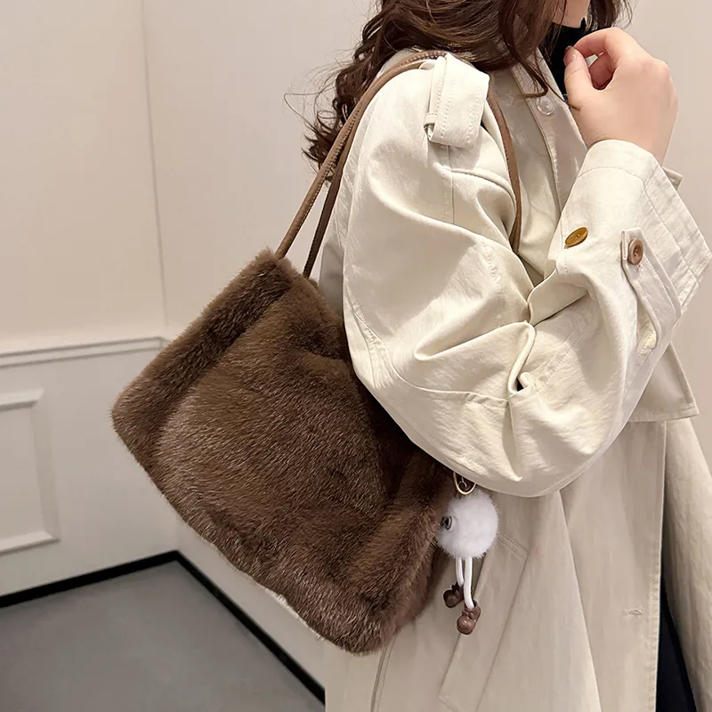 SWIMADE Fuzzy Material Shoulder Bag Regular Women's Light Pink/Fuchsia/Coffee/Black Khaki/Ecru-10