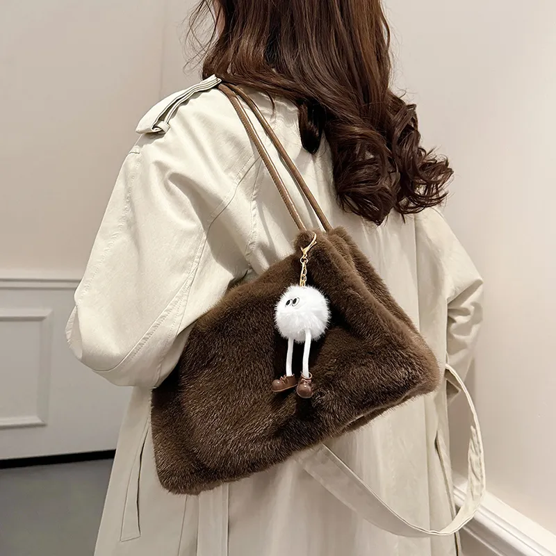 SWIMADE Fuzzy Material Shoulder Bag Regular Women's Light Pink/Fuchsia/Coffee/Black Khaki/Ecru-12