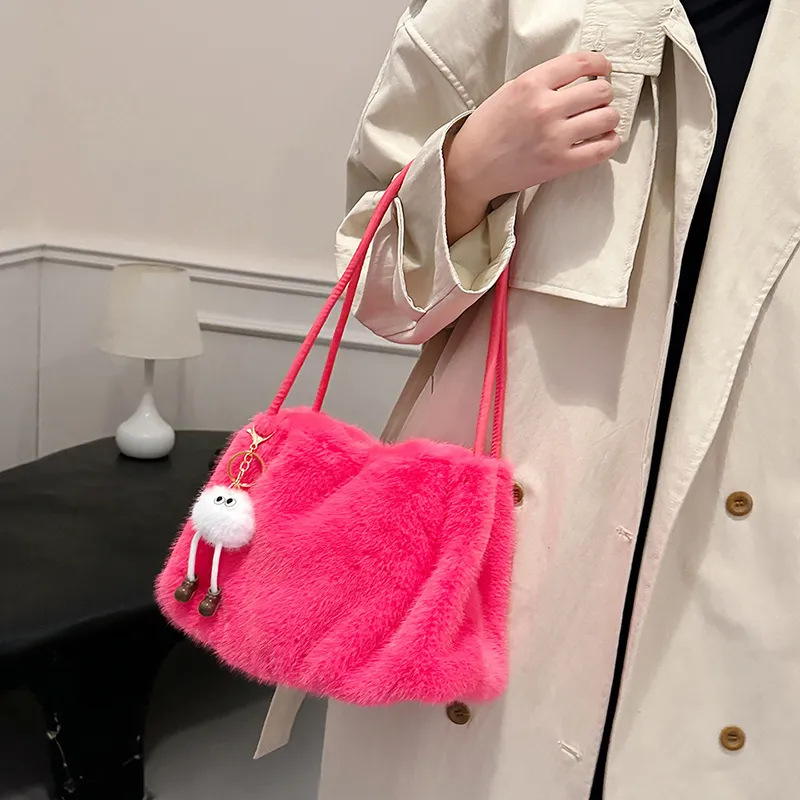 SWIMADE Fuzzy Material Shoulder Bag Regular Women's Light Pink/Fuchsia/Coffee/Black Khaki/Ecru-7