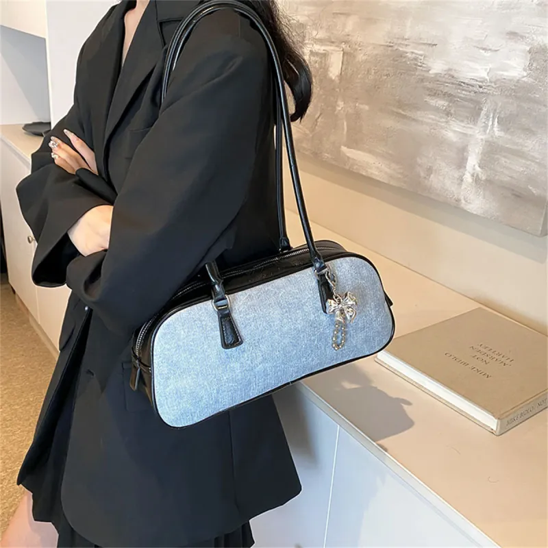 Duoluplo Doron Paul PU Baguette Bag Handbag, Shoulder Bag Women's Denim Brown/Denim Silver/Denim Black-19