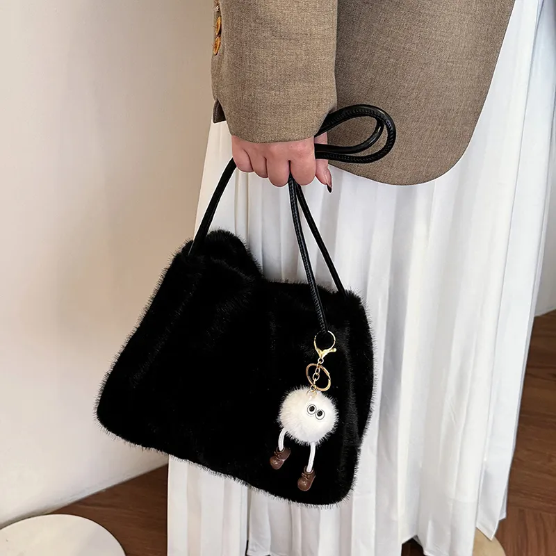 SWIMADE Fuzzy Material Shoulder Bag Regular Women's Light Pink/Fuchsia/Coffee/Black Khaki/Ecru-21