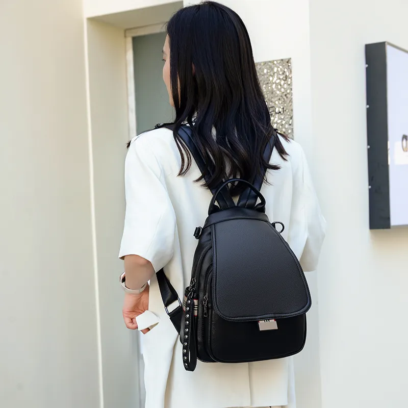 SWIMADE PU Soft Leather Small Backpack Regular Women's Khaki/Blue/Black-5