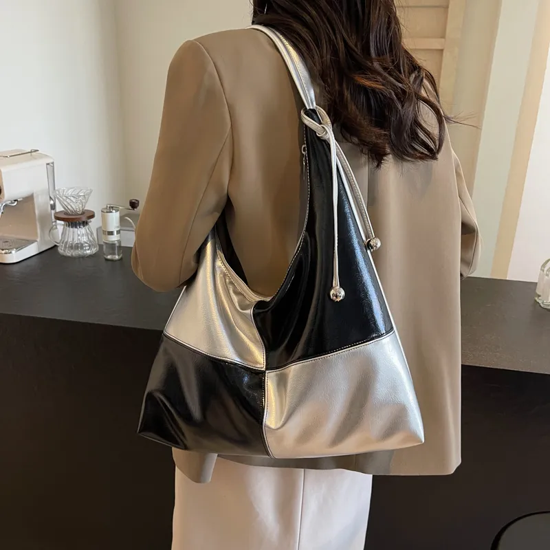 SWIMADE PU Tote Handbag, Shoulder Bag Women's Silver/Black-2