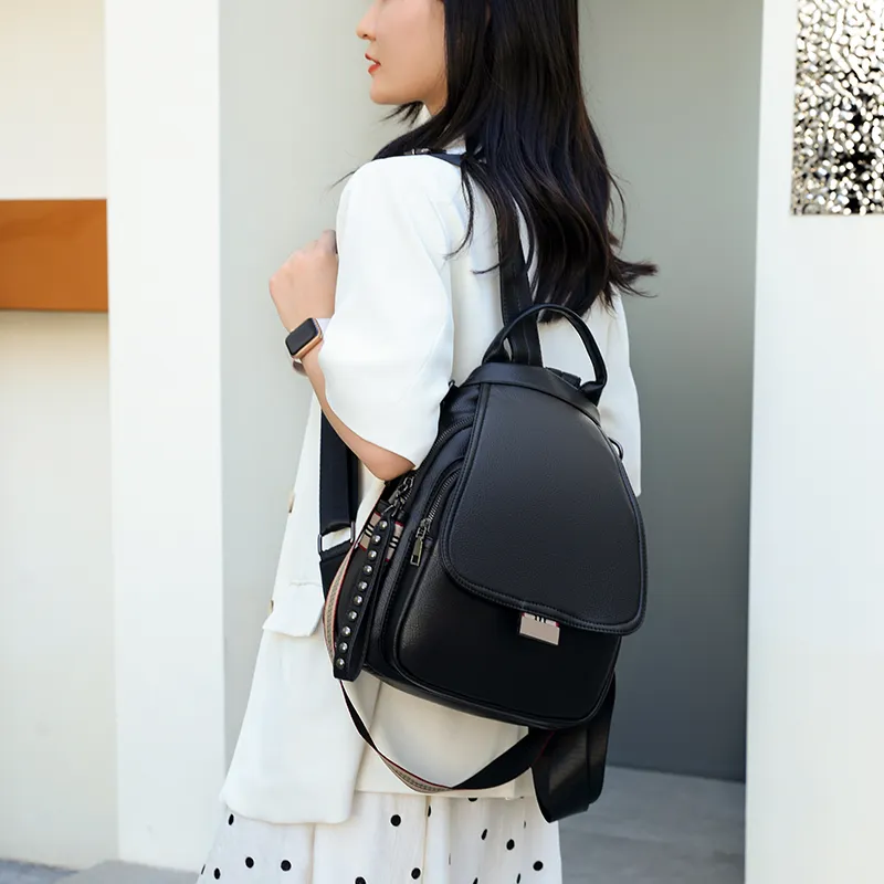 SWIMADE PU Soft Leather Small Backpack Regular Women's Khaki/Blue/Black-6