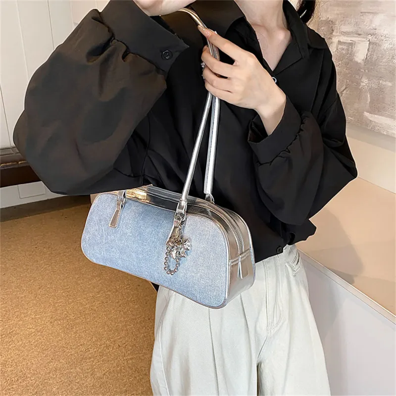 Duoluplo Doron Paul PU Baguette Bag Handbag, Shoulder Bag Women's Denim Brown/Denim Silver/Denim Black-12