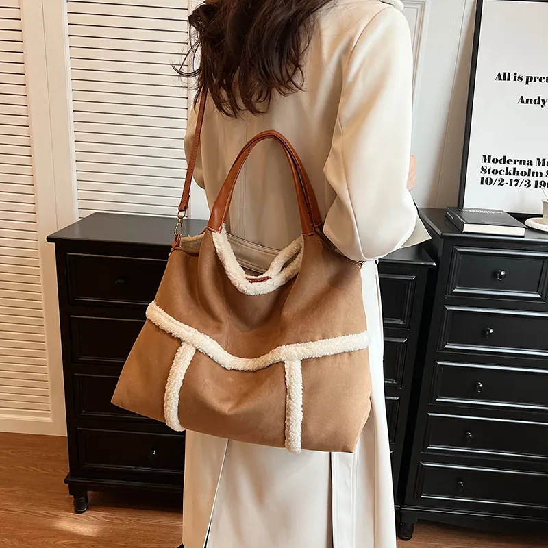 SWIMADE Suede Tote Crossbody One Shoulder Handbag Women's Black/Brown-8