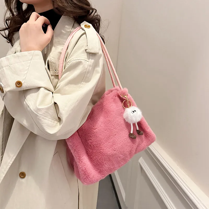 SWIMADE Fuzzy Material Shoulder Bag Regular Women's Light Pink/Fuchsia/Coffee/Black Khaki/Ecru-1