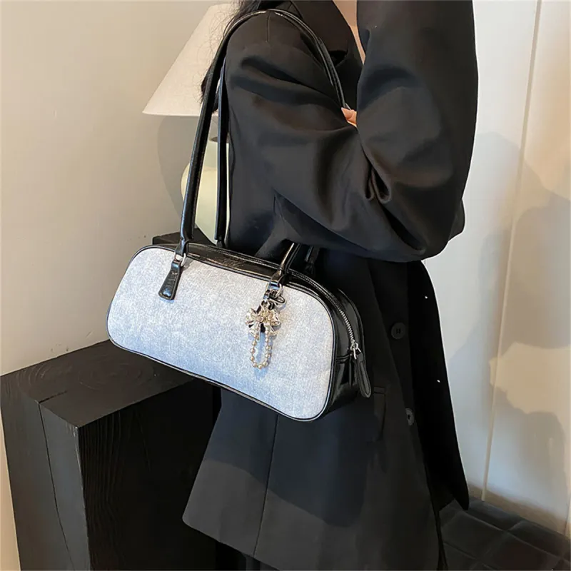 Duoluplo Doron Paul PU Baguette Bag Handbag, Shoulder Bag Women's Denim Brown/Denim Silver/Denim Black-18