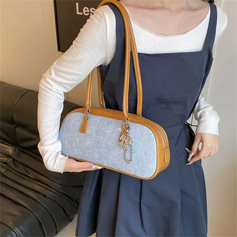 Duoluplo Doron Paul PU Baguette Bag Handbag, Shoulder Bag Women's Denim Brown/Denim Silver/Denim Black-5