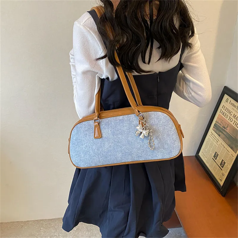 Duoluplo Doron Paul PU Baguette Bag Handbag, Shoulder Bag Women's Denim Brown/Denim Silver/Denim Black-4