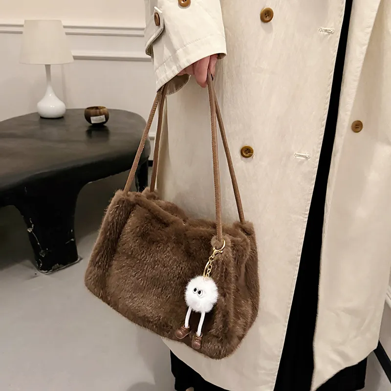 SWIMADE Fuzzy Material Shoulder Bag Regular Women's Light Pink/Fuchsia/Coffee/Black Khaki/Ecru-13