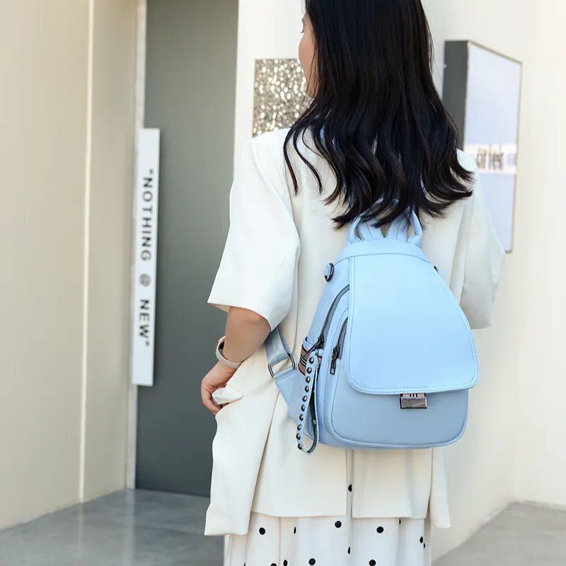 SWIMADE PU Soft Leather Small Backpack Regular Women's Khaki/Blue/Black-10