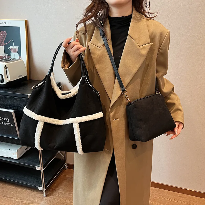 SWIMADE Suede Tote Crossbody One Shoulder Handbag Women's Black/Brown-4