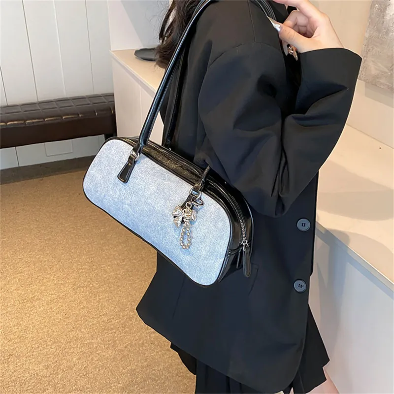 Duoluplo Doron Paul PU Baguette Bag Handbag, Shoulder Bag Women's Denim Brown/Denim Silver/Denim Black-16