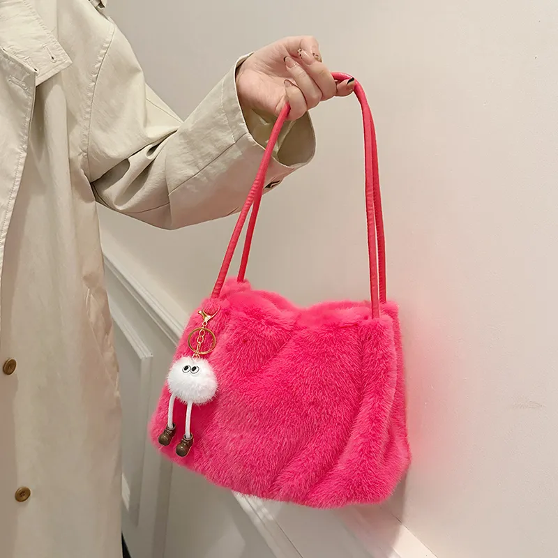 SWIMADE Fuzzy Material Shoulder Bag Regular Women's Light Pink/Fuchsia/Coffee/Black Khaki/Ecru-8