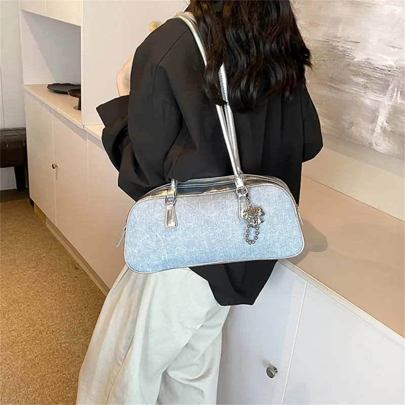 Duoluplo Doron Paul PU Baguette Bag Handbag, Shoulder Bag Women's Denim Brown/Denim Silver/Denim Black-7