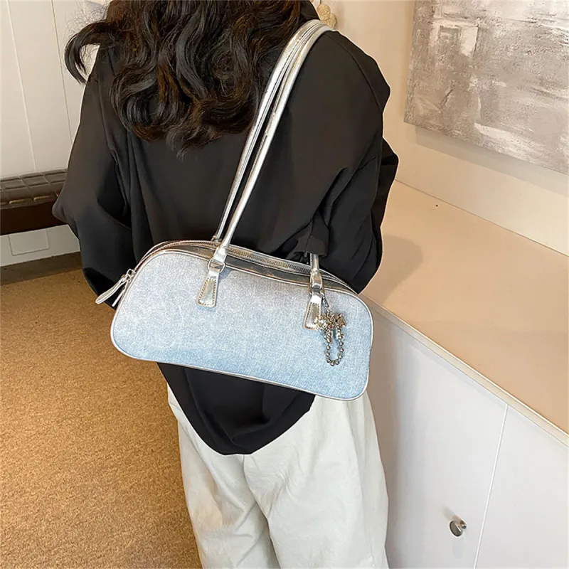 Duoluplo Doron Paul PU Baguette Bag Handbag, Shoulder Bag Women's Denim Brown/Denim Silver/Denim Black-9