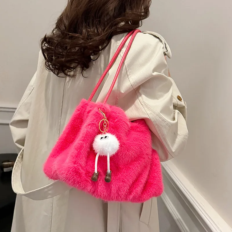 SWIMADE Fuzzy Material Shoulder Bag Regular Women's Light Pink/Fuchsia/Coffee/Black Khaki/Ecru-5