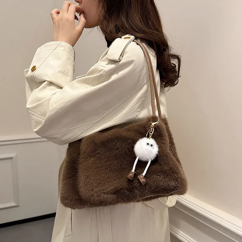 SWIMADE Fuzzy Material Shoulder Bag Regular Women's Light Pink/Fuchsia/Coffee/Black Khaki/Ecru-11