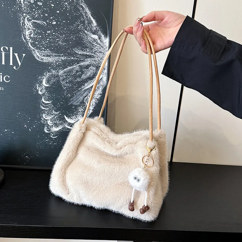 SWIMADE Fuzzy Material Shoulder Bag Regular Women's Light Pink/Fuchsia/Coffee/Black Khaki/Ecru-27