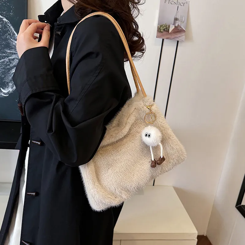 SWIMADE Fuzzy Material Shoulder Bag Regular Women's Light Pink/Fuchsia/Coffee/Black Khaki/Ecru-25