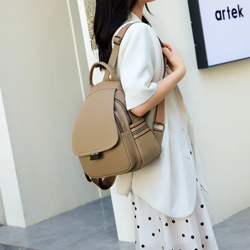 SWIMADE PU Soft Leather Small Backpack Regular Women's Khaki/Blue/Black-1