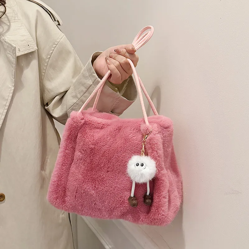 SWIMADE Fuzzy Material Shoulder Bag Regular Women's Light Pink/Fuchsia/Coffee/Black Khaki/Ecru-3