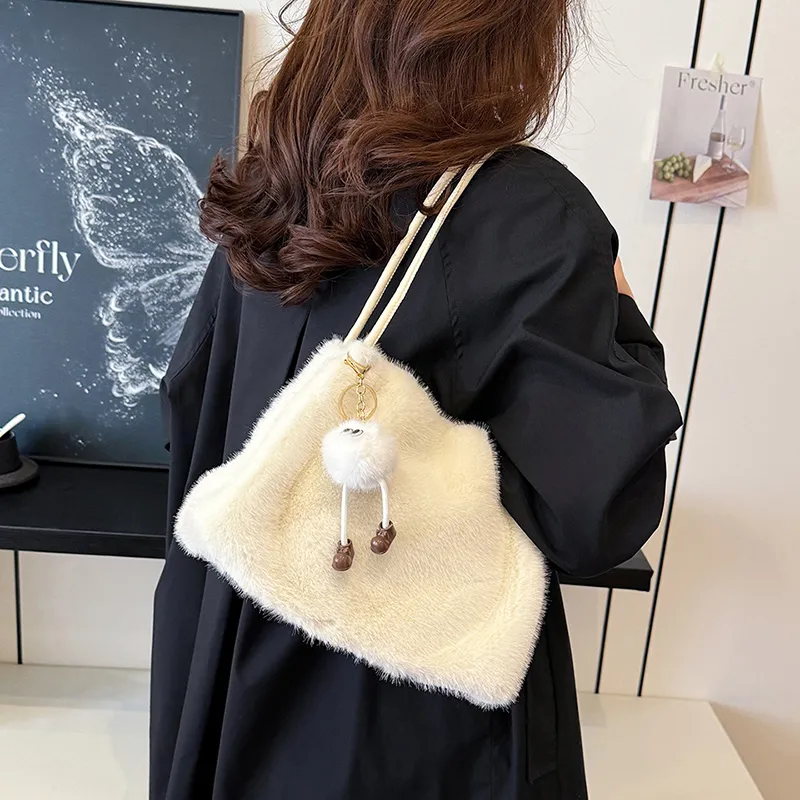 SWIMADE Fuzzy Material Shoulder Bag Regular Women's Light Pink/Fuchsia/Coffee/Black Khaki/Ecru-30