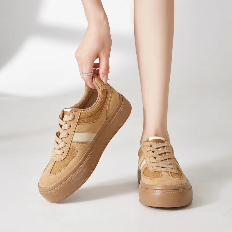 ZHR German Army Trainers Wear Resistant Height Increasing Low Top Casual Shoes Women's Camel-2