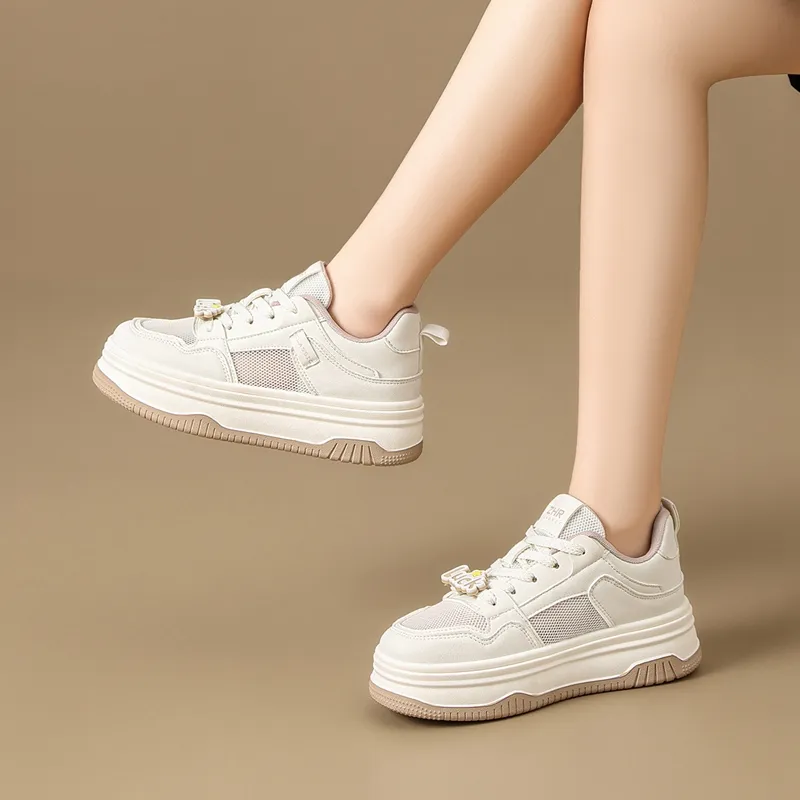 ZHR Platform Air Shoes Slip Resistant, Lightweight, And Breathable Low Top Skateboard Shoes Women's Beige-2