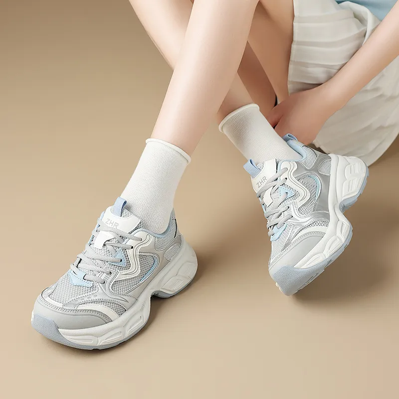 ZHR Xiaoice Bear Cushioning Abrasion Resistant Breathable Low Top Chunky Sneakers Women's Gray Blue-2