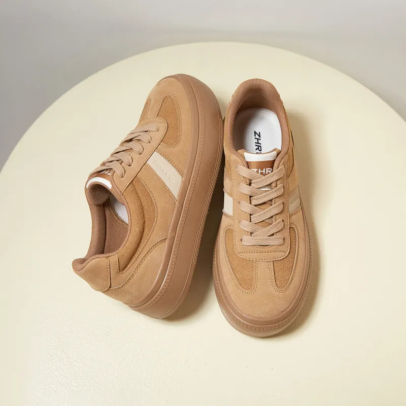 ZHR German Army Trainers Wear Resistant Height Increasing Low Top Casual Shoes Women's Camel-5