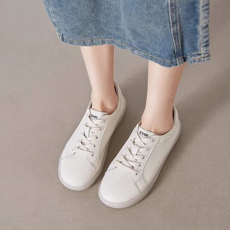 ZHR Flat White Sneakers Abrasion Resistant Breathable Low Top Skateboard Shoes Women's Beige-3