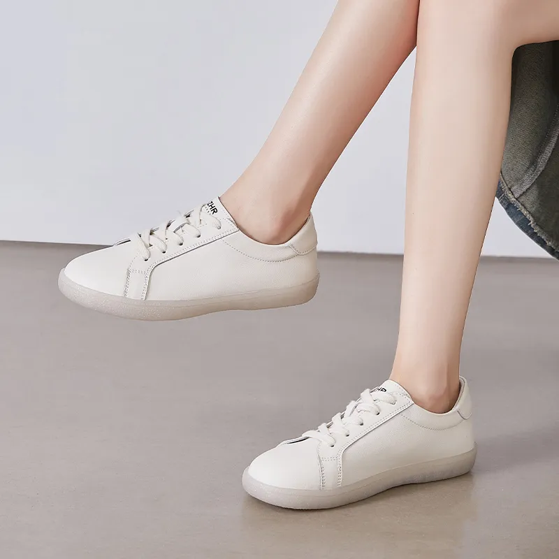 ZHR Flat White Sneakers Abrasion Resistant Breathable Low Top Skateboard Shoes Women's Beige-4