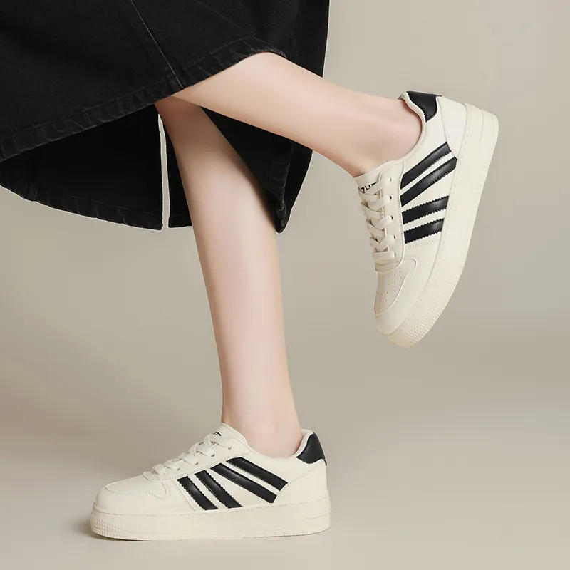ZHR White Tone Formula Anti Slip And Wear Resistant Height Increasing Low Top Skateboard Shoes Women's Beige Black-3