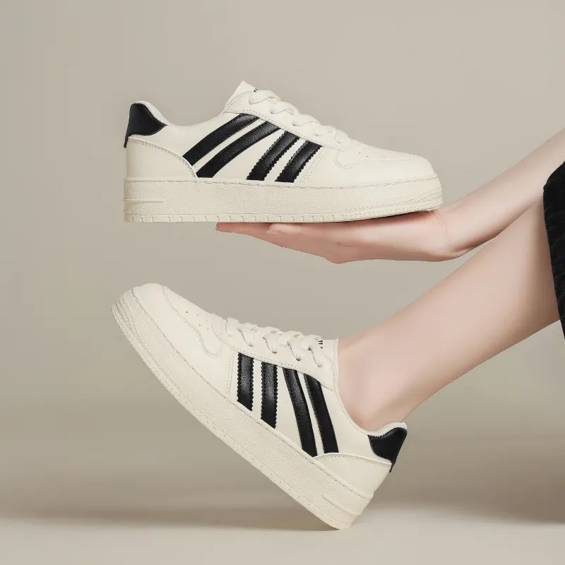 ZHR White Tone Formula Anti Slip And Wear Resistant Height Increasing Low Top Skateboard Shoes Women's Beige Black-4