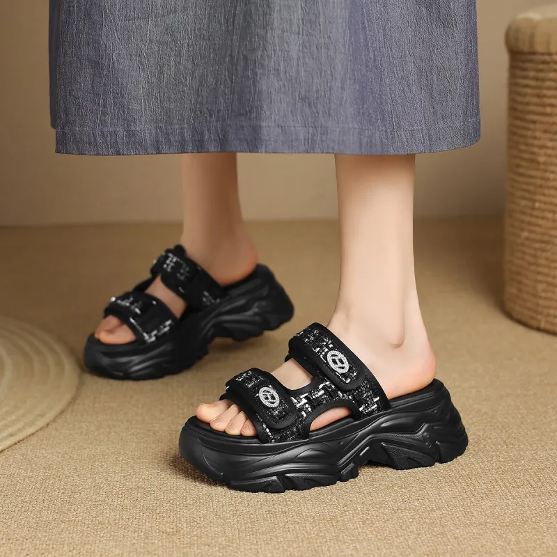 ZHR PU Polyurethane Leather Patchwork With Rhinestones Quiet Odor Resistant Slide Slippers Women's-5