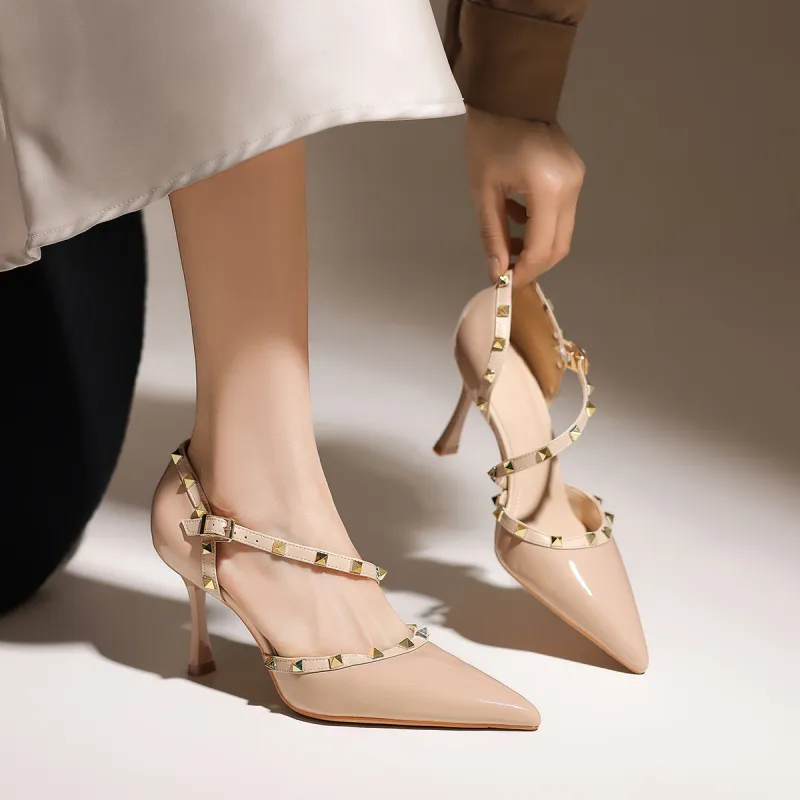 ZHR Slim Heel High Heels 8cm Women's Nude-5