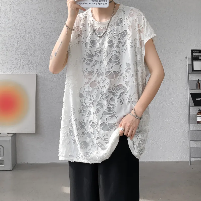 American Vintage Ripped Design Niche Cool Loose Fit Casual Sleeveless Tank Top Unisex-6