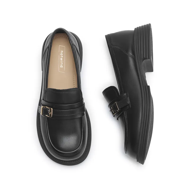 Hotwind Loafers Medium Heel Women's Black-3