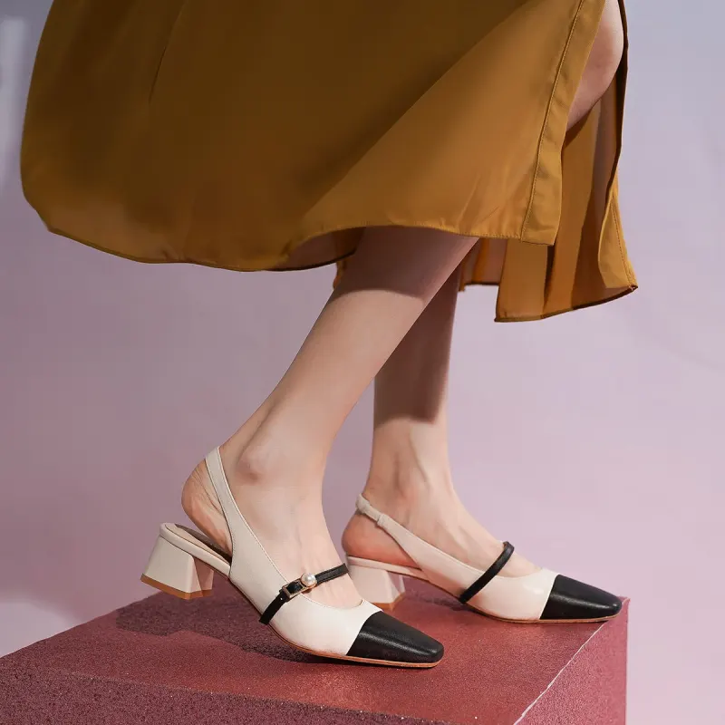 HARSON Block Heel Mary Jane Shoes 3.8cm Women's Beige Black-6