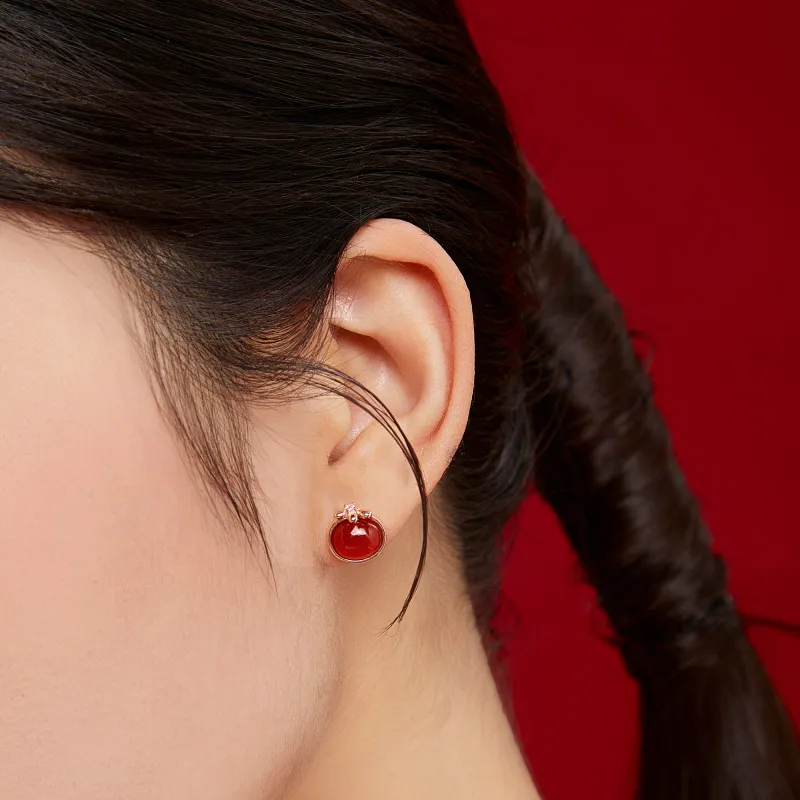 AHK S925 Silver Stud Earrings Women's Red-4