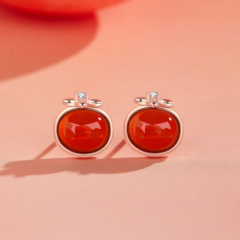AHK S925 Silver Stud Earrings Women's Red-6