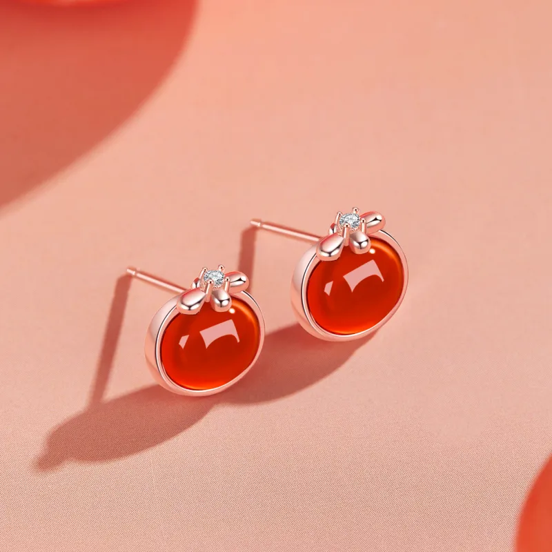 AHK S925 Silver Stud Earrings Women's Red-1