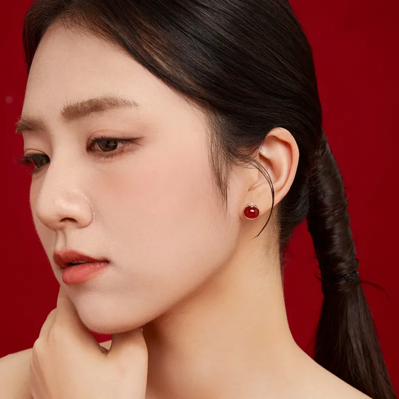 AHK S925 Silver Stud Earrings Women's Red-3