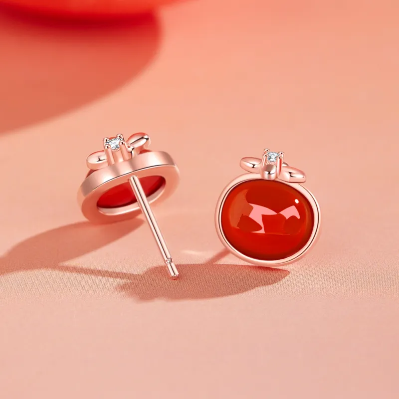 AHK S925 Silver Stud Earrings Women's Red-5