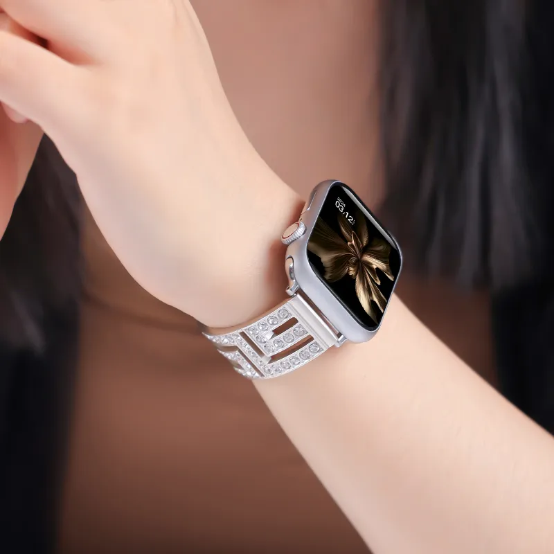 SHIRUI Apple Watch Strap Advanced S9 Watch Bands Stainless Steel Silver Style With Diamonds Unisex-6