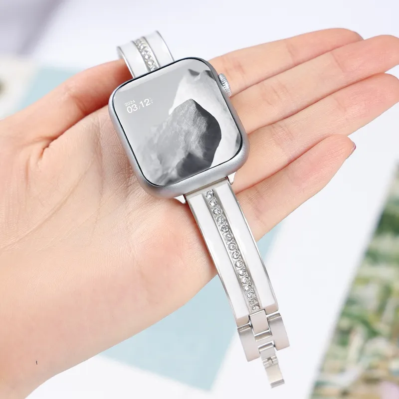SHIRUI Apple Watch Strap Advanced S9 Watch Bands Stainless Steel Silver Style With Diamonds Unisex-2